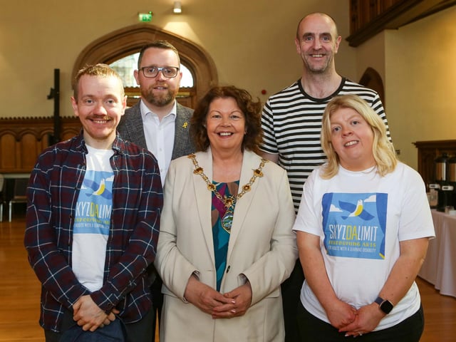 The Mayor of Derry and Strabane, Councillor Patricia Logue with Skyzdalimit Theatre Group members Andrew Lecky & Aisling McCooey at a reception in the Guildhall. Included are MLAs Gary Middleton & Mark H Durkan.