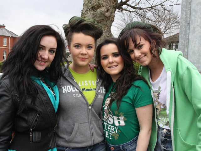 Pictured at the Buncrana St. Patrick's Day festivities are, from left, Kacie McColgan, Aine Breslin, Michaela McCauley and Emer Grant. 1903JM11