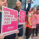 John Devlin 29/07/2022. GLASGOW. BT workers on the picket line in Glasgow. CWU members in Northern Ireland and across the UK, including 999 call handlers, are to take part in further strike action tomorrow