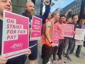 John Devlin 29/07/2022. GLASGOW. BT workers on the picket line in Glasgow. CWU members in Northern Ireland and across the UK, including 999 call handlers, are to take part in further strike action tomorrow