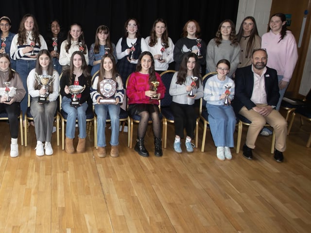 Adjudicators Blathnaid Biddle, Feargal Friel and Alisha Gilmore pictured with Year 9 competition winners on Saturday.