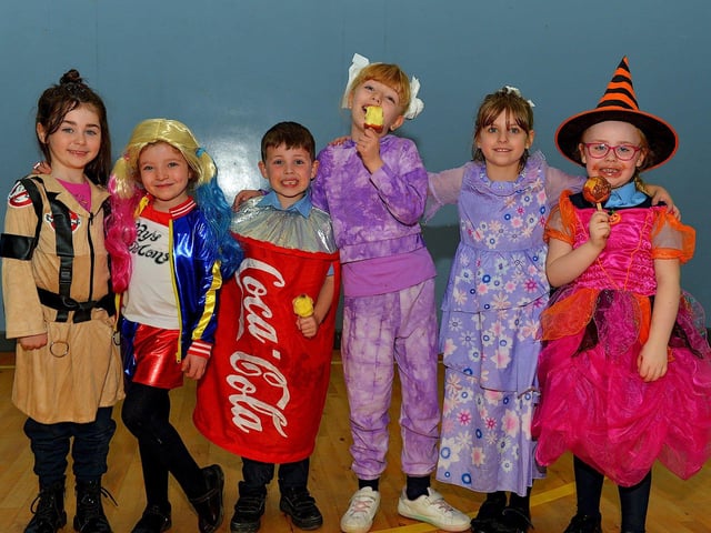 Miley, Rioghnach, Caleb, Selene, Aoife and Cara dressed for St Eithne's Primary School Halloween picnic held on Wednesday afternoon last.  Photo: George Sweeney.  DER2243GS  050