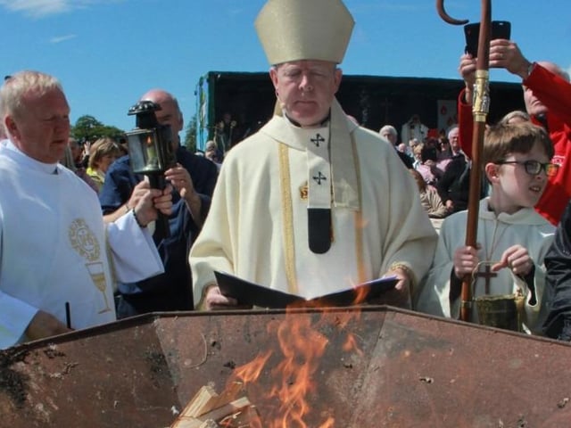 A re-enactment of St. Patrick lighting the Paschal fire to proclaim the Risen Lord and the coming of Christianity to Ireland.