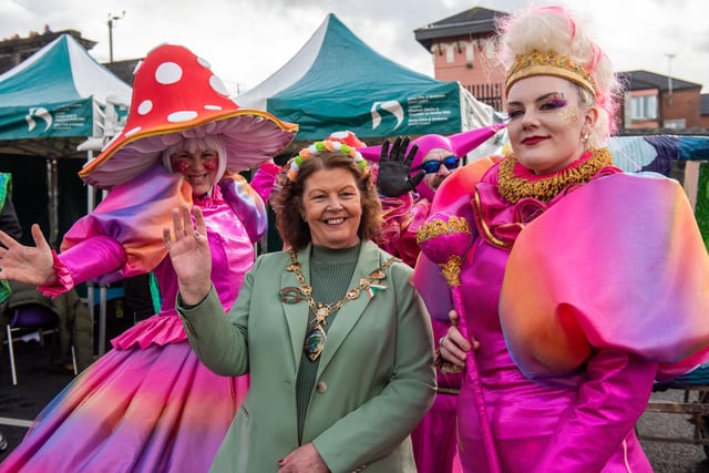 The Mayor Councillor Patricia Logue who joined the groups for Derry City and Strabane District Council’s St.Patrick’s Day Spring Carnival. Picture Martin McKeown. 17.03.24