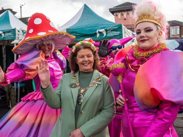The Mayor Councillor Patricia Logue who joined the groups for Derry City and Strabane District Council’s St.Patrick’s Day Spring Carnival. Picture Martin McKeown. 17.03.24