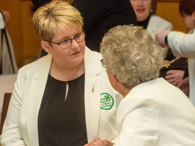 The Mayor Councillor Sandra Duffy welcomed the members of Colmcille Ladies Choir to a reception in the Guildhall as they mark their 50th Anniversary. Picture Martin McKeown. 20.01.23:.