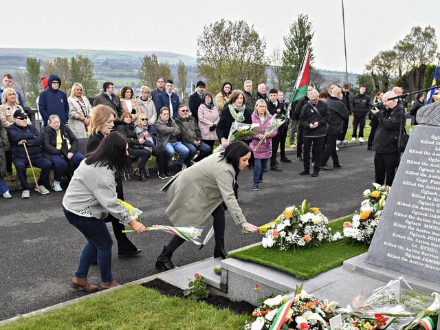 Wreaths are placed at the Republican Plot, in the City Cemetery, during the commemoration of the 109th anniversary of the Easter Rising on Sunday afternoon. Photo: George Sweeney