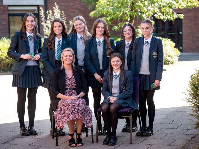 Top Performing Students at GCSE. Front Row: Ms C. Barr (Head of Year), Grace Callaghan. Back Row: Katy Creagh, Roisin Crowe, Cara Cutliffe, Aine Dunlop, Emily Flanagan, Molly Heaney.