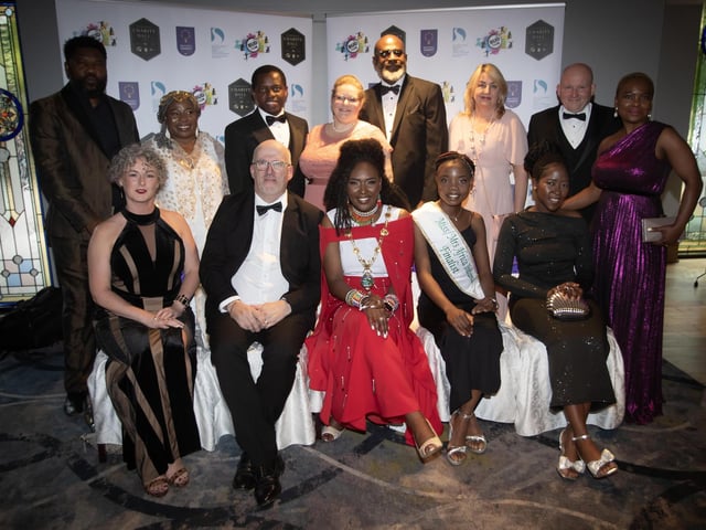 The Mayor Lilian Seenoi-Barr pictured with her husband Paul and a group from the Bannville House Hotel, Banbridge.