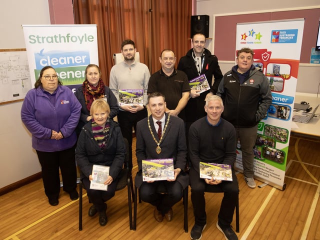 The Deputy Mayor of Derry City and Strabane District Council, Jason Barr pictured at the launch of the Strathfoyle Village Plan at the Strathfoyle Teachers Training Centre on Thursday morning. Included at front are Norma Buchanan, Housing Executive, and Fergal O'Donnell (Insight Solutions) Back from left, Linda Sharkey, Enagh Youth Forum, Nuala Killdunne (Supporting Communities NI),  Michael Cooke, NIHE, Cclr Declan Norris, Mark H. Durkan, MLA and Cclr Alex Duffy. 