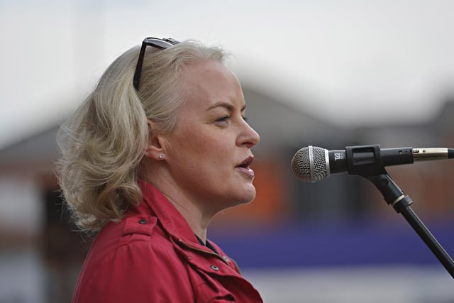 Occupational therapist Karen Murphy speaking at the Freedom for Palestine march and rally, in Guildhall Square, on Saturday afternoon.  Photo: George Sweeney
