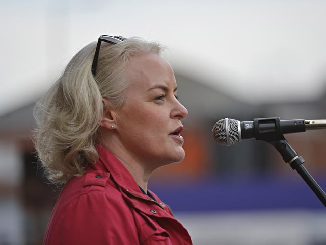 Occupational therapist Karen Murphy speaking at the Freedom for Palestine march and rally, in Guildhall Square, on Saturday afternoon. Photo: George Sweeney