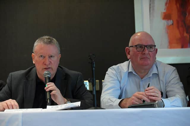 Derry City chairman Philip O’Doherty and CEO Sean Barrett at the club’s Fans Forum held in the City Hotel on Saturday afternoon. Photograph: George Sweeney