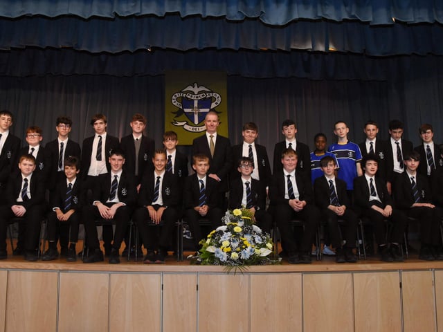 St. Columb’s College Year 9 Academic Prizewinners 2022-2023 pictured with Mrs C McLaughlin, Vice Principal, Mr FJM Madden, Principal, and Mrs M Burns, Year Head and Senior Teacher.
