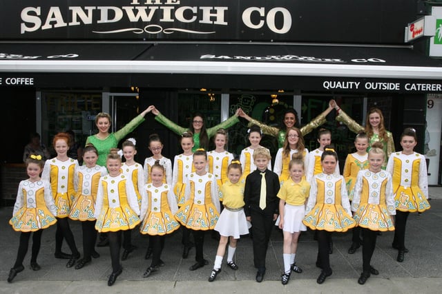 Dancers from Scoil Rince Naomh Colmcille who performed at the Sandwich Company, Bishop Street on Wednesday afternoon as part of the Fleadh celebrations. DER3313JM036