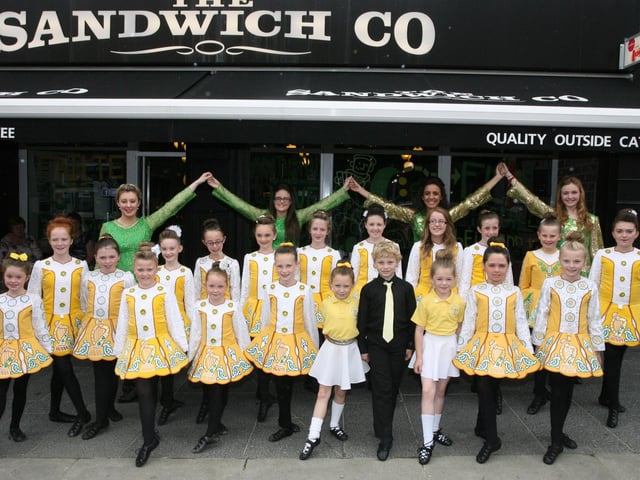 Dancers from Scoil Rince Naomh Colmcille who performed at the Sandwich Company, Bishop Street on Wednesday afternoon as part of the Fleadh celebrations. DER3313JM036