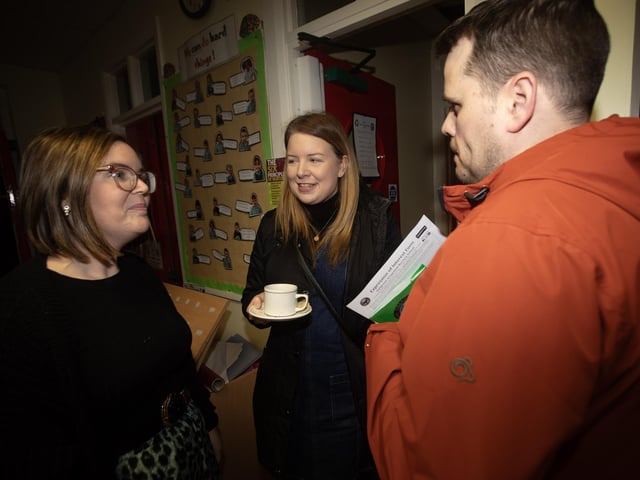 Oakgrove Integrated Primary and Nursery School Vice Principal, Mrs. Jennifer Farrant chatting to parents at Thursday's Open Day. : .