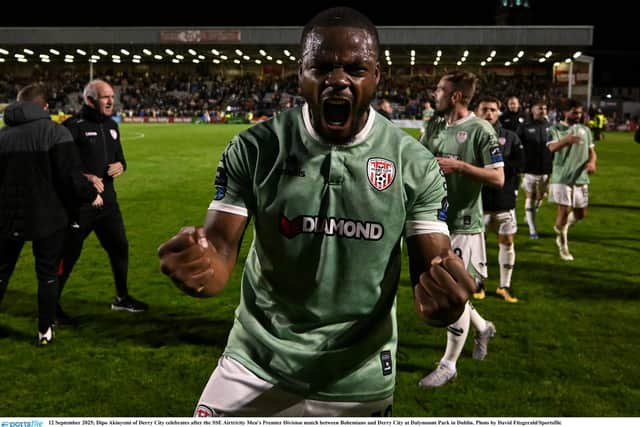 Dipo Akinyemi of Derry City celebrates in Dalymount Park.