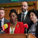 Mayor, SDLP councillor, Lilian Seenoi-Barr, alongside SDLP leader Claire Hanna MP, speaking at a press conference in the Guildhall, on Wednesday afternoon, on the recent racist abuse directed at her and the wider issue of racism. Photo: George Sweeney