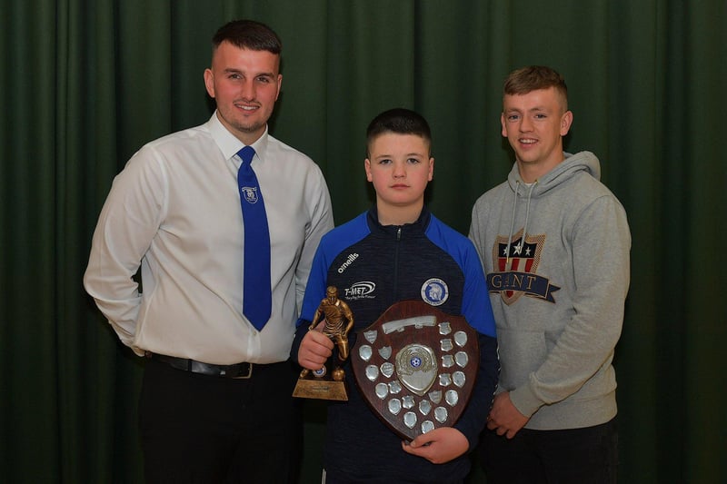 Trojans FC Clubman of the Year award winner Jack Hurley pictured at the club’s annual prizegiving with Diolain Ward Vice- Chairperson and Derry City’s Ciaron Harkin. Photo: George Sweeney