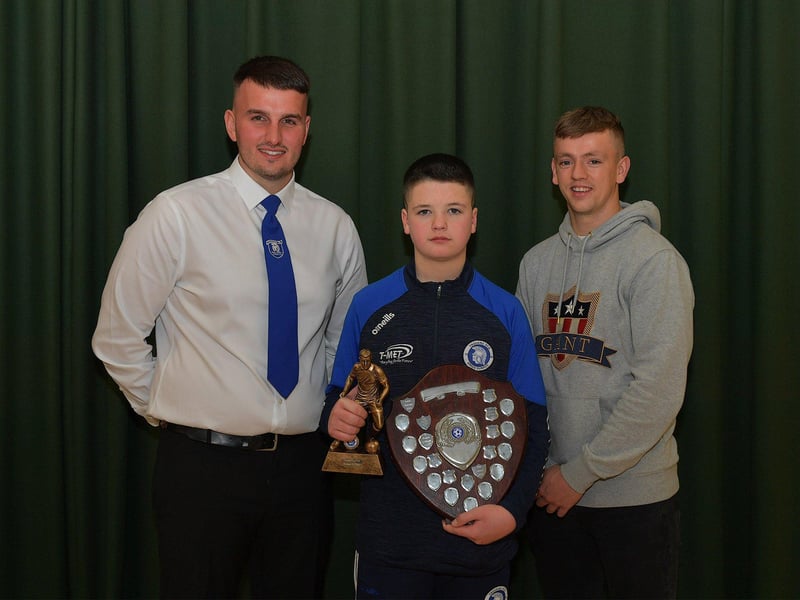Trojans FC Clubman of the Year award winner Jack Hurley pictured at the club’s annual prizegiving with Diolain Ward Vice- Chairperson and Derry City’s Ciaron Harkin. Photo: George Sweeney