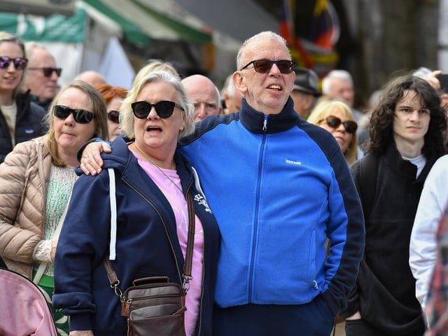 People gather in Guildhall Square for the live music during the City of Derry Jazz Festival. Photo: George Sweeney