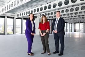 Economy Minister Dr Caoimhe Archibald is pictured at Invest NI’s new North West Regional Office in Derry’s prestigious Ebrington Plaza with Kieran Donoghue, CEO, Invest NI and Aeidin McCarter, Head of Regional Business for the North West at Invest NI.