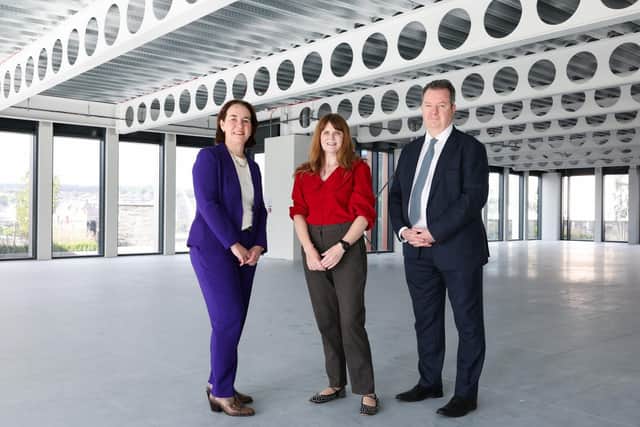 Economy Minister Dr Caoimhe Archibald is pictured at Invest NI’s new North West Regional Office in Derry’s prestigious Ebrington Plaza with Kieran Donoghue, CEO, Invest NI and Aeidin McCarter, Head of Regional Business for the North West at Invest NI.
