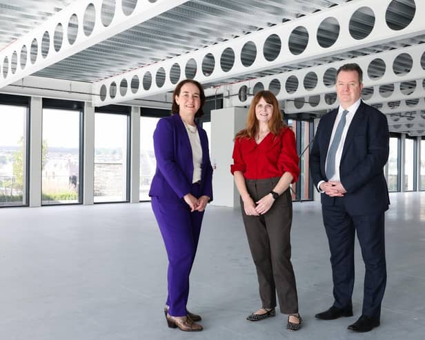 Economy Minister Dr Caoimhe Archibald is pictured at Invest NI’s new North West Regional Office in Derry’s prestigious Ebrington Plaza with Kieran Donoghue, CEO, Invest NI and Aeidin McCarter, Head of Regional Business for the North West at Invest NI.