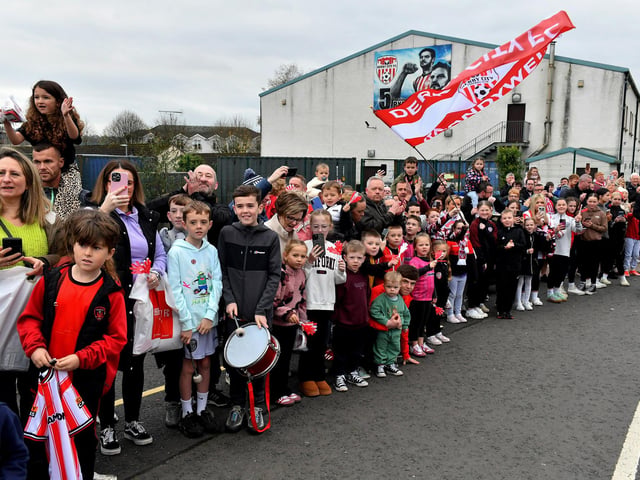Derry City fans at the Brandywell Stadium on Saturday morning prior to the team’s departure for Dublin ahead of Sunday’s FAI Cup Final against Drogheda United. Photograph: George Sweeney