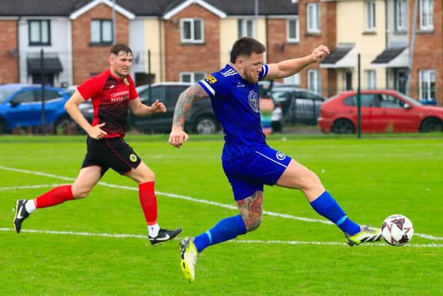 Trojans Gearoid McDermott collects this ball before going to score the third goal for his side in the first half of the game against Tobermore Utd. in the Ballymena and Provincial League game held in Oakland Park. (Photo - Tom Heaney, nwpresspics)