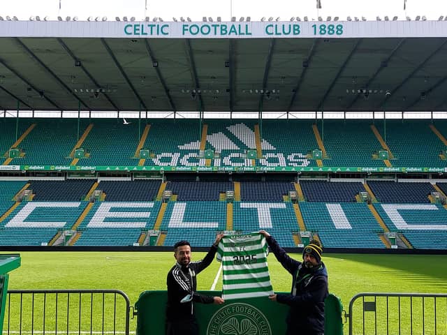 Celtic's International Soccer Academy manager Jose Romero pictured with Don Bosco's chairman Martin Crumley after the local club extended its partnership with the SPL giants.