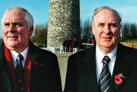 The late Glen Barr and the late Paddy Harte T.D. at the Peace Tower in Messines. 