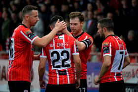 Shane McElheney, Cameron McJannett and Michael Duffy celebrate Jordan McEneff’s goal against Drogheda United. Photo: George Sweeney. DER2333GS – 14