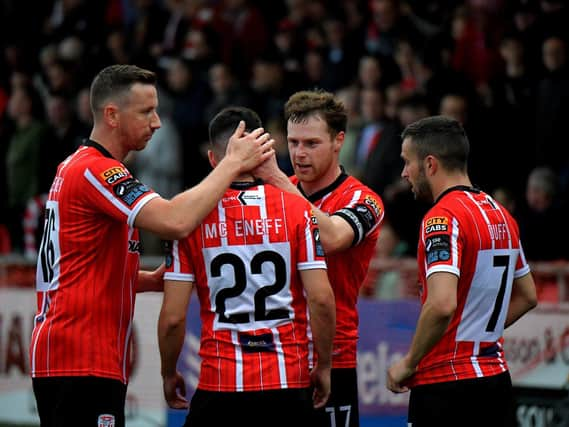 Shane McElheney, Cameron McJannett and Michael Duffy celebrate Jordan McEneff’s goal against Drogheda United. Photo: George Sweeney. DER2333GS – 14