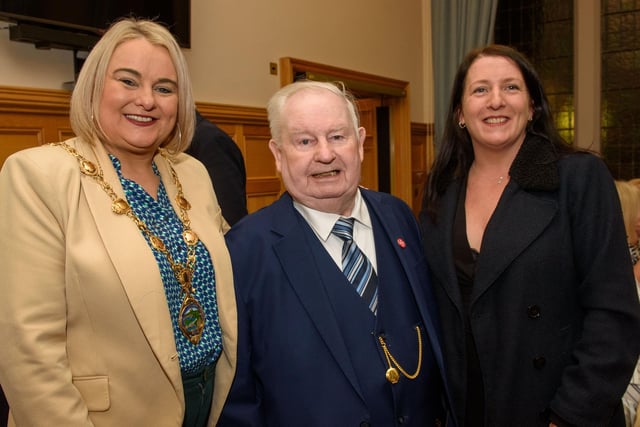 The Mayor Councillor Sandra Duffy welcomed members of the Order of Malta to the Guildhall where she presented the organisation with commemorative crystal in recognition of their contribution across the Derry City and Strabane District Council area. Included are Hugh Deehan and his daughter Roberta. Picture Martin McKeown. 06.02.23:Mayor of Derry City and Strabane District Council’s reception for Knights of Malta in the Mayor’s Parlour, Guildhall on Monday 6th February.