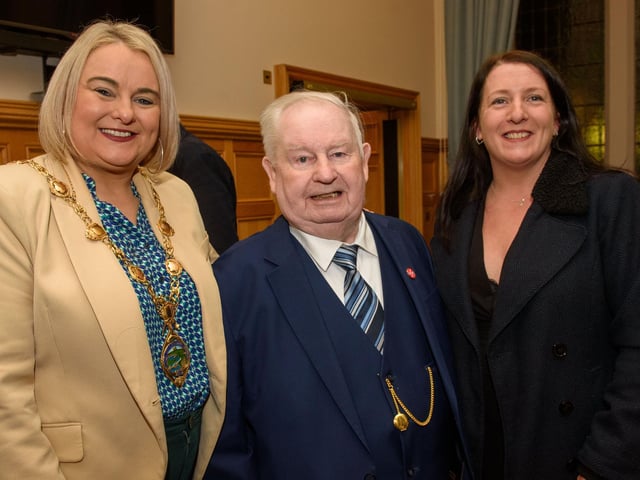 The Mayor Councillor Sandra Duffy welcomed members of the Order of Malta to the Guildhall where she presented the organisation with commemorative crystal in recognition of their contribution across the Derry City and Strabane District Council area. Included are Hugh Deehan and his daughter Roberta. Picture Martin McKeown. 06.02.23:Mayor of Derry City and Strabane District Council’s reception for Knights of Malta in the Mayor’s Parlour, Guildhall on Monday 6th February.