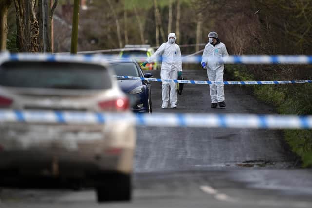 Police and forensics at the scene of the shooting of John Caldwell at the Youth Sports Centre on February 23, 2023 outside Omagh. (Photo by Charles McQuillan/Getty Images)