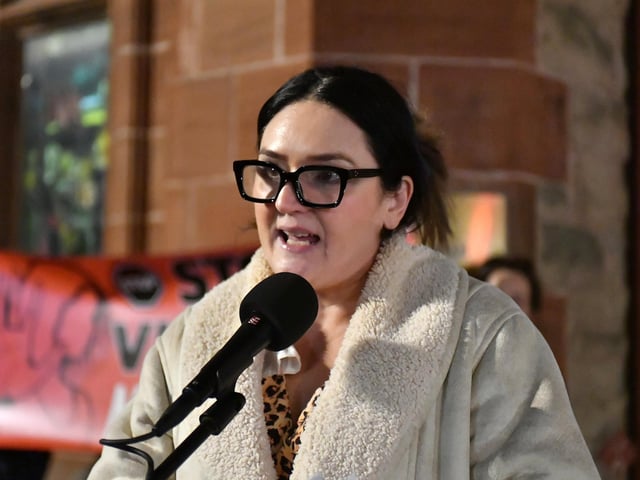 Sinn Fein councillor Aisling Hutton speaking at the Rally for Women's Safety held in the Guildhall Square on Friday evening. Photo: George Sweeney