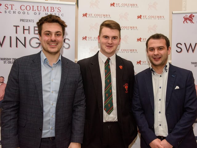 Louis Fields and Nicky Morton, founders of St.Columb’s School of Music pictured with St. Joseph’s Head Boy Aaron McCafferty as they hosted the School’s annual Gala concert in St.Columb’s Hall headlined by the Swingles, Picture Martin McKeown.