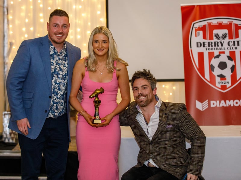 Top goalscorer Tara O'Connor-Farren, who scored 12 goals in just 17 games receives her award from club coach Pete Mitchell and manager Paul Dixon.