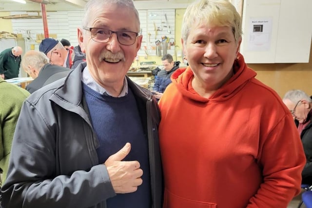 Chairperson of the Carn Men’s Shed project Liam McLaughlin (Billy) with Mary Doherty (Brick).