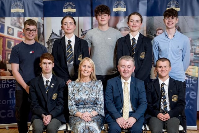 Pupils who received Outstanding Attendance Awards with Mrs Brónach O’Hare (Vice Principal) & Dr Michael Gormley (Senior Teacher).