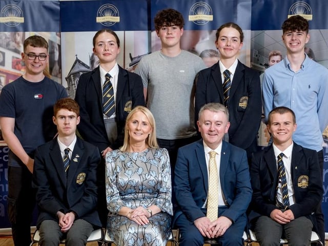 Pupils who received Outstanding Attendance Awards with Mrs Brónach O’Hare (Vice Principal) & Dr Michael Gormley (Senior Teacher).