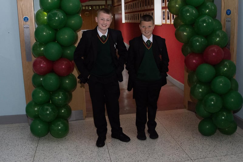 Two of the new Year 8s at St. Joseph's Boys' School on Friday morning pose for a photo.