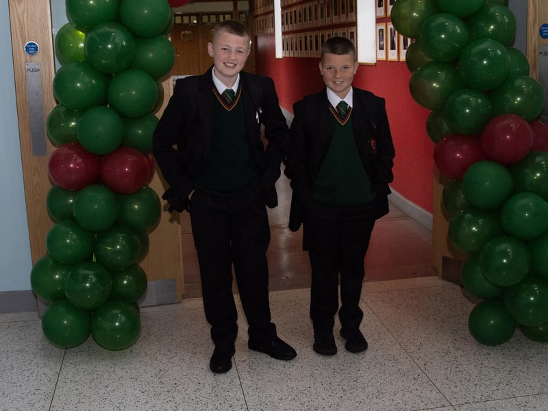 Two of the new Year 8s at St. Joseph's Boys' School on Friday morning pose for a photo.
