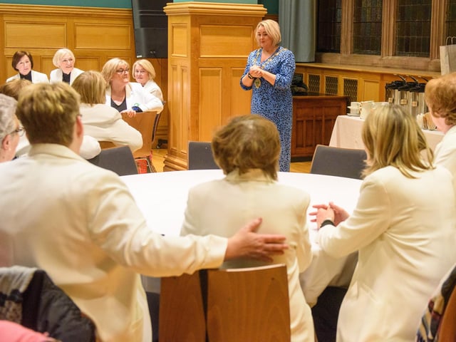 The Mayor Councillor Sandra Duffy welcomed the members of Colmcille Ladies Choir to a reception in the Guildhall as they mark their 50th Anniversary. Picture Martin McKeown. 20.01.23:.