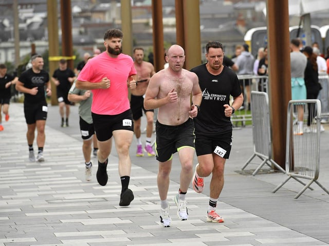 Competitors take part in the Ebrington Hyrox on Saturday morning. Photo: George Sweeney