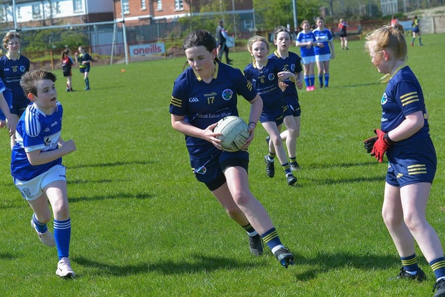Gaelscoil Edain Mhoir in action against Nazareth House in the Sean Dolan’s Girls School Cup competition on Friday afternoon last. Photo: George Sweeney.  DER2316GS – 36