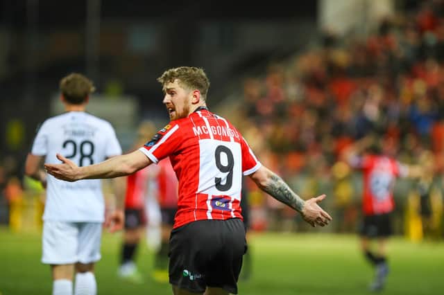 Derry City striker Jamie McGonigle remonstrates with the assistant referee after referee Adriano Reale chalked off his goal in the first half.